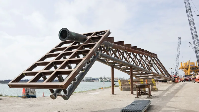 Pre-assembled pipe rack module at the waterfront with spools installed