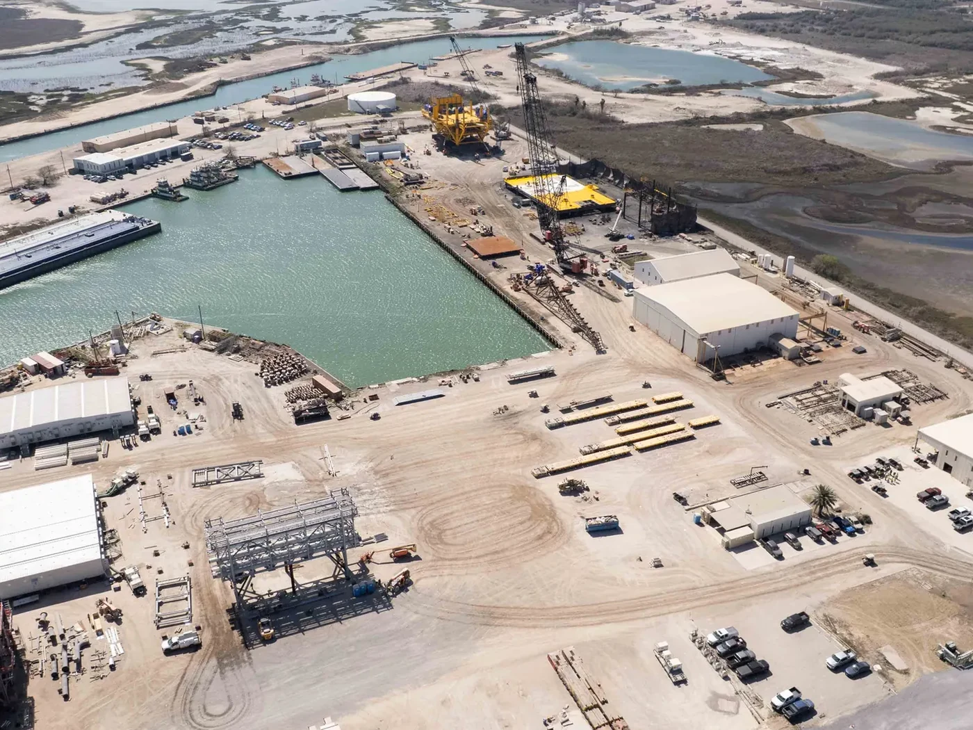 Completed modules staged for load-out at the State Service yard in Ingleside, Texas